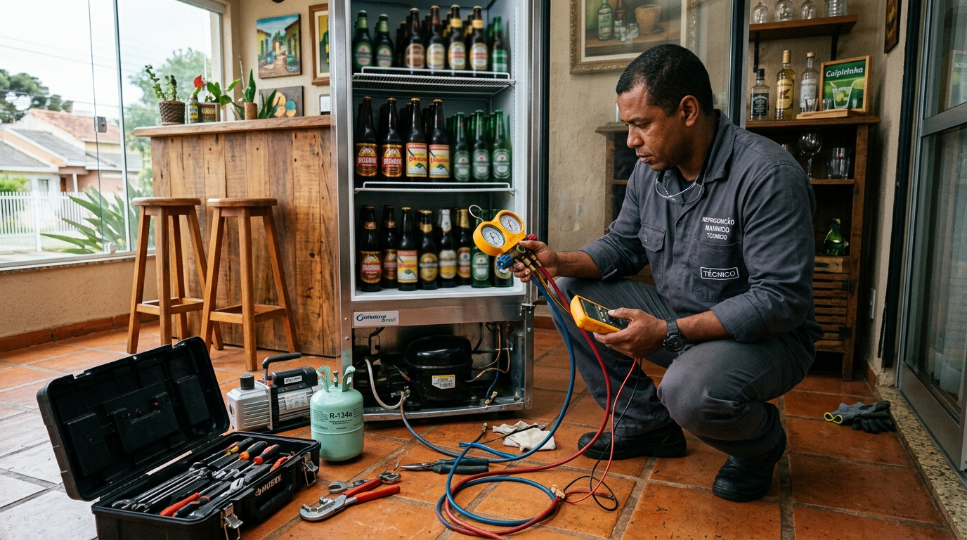 Técnico realizando manutenção de motor de cervejeira em Americana‑SP