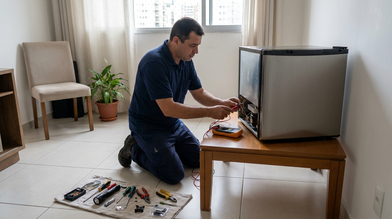 Técnico realizando manutenção de motor de frigobar em Americana‑SP