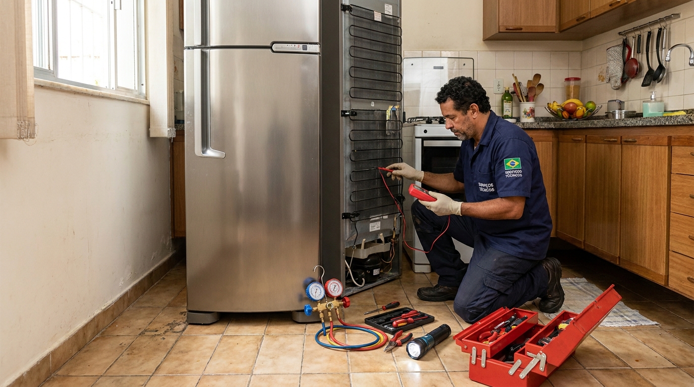 Técnico realizando manutenção de motor de geladeira em Americana‑SP